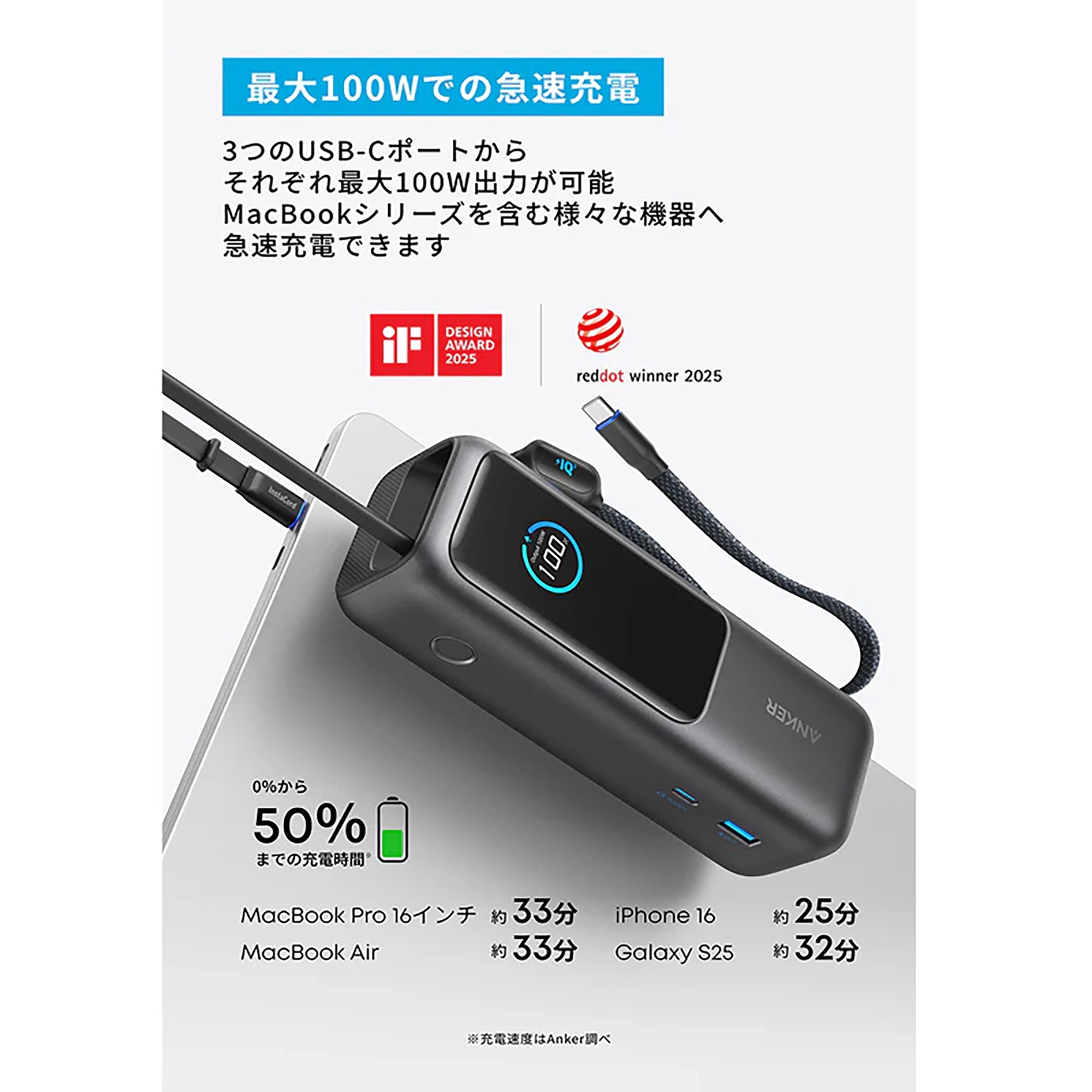 Anker Power Bank (25000mAh, Built-In & 巻取り式USB-Cケーブル) [Anker(アンカー)]