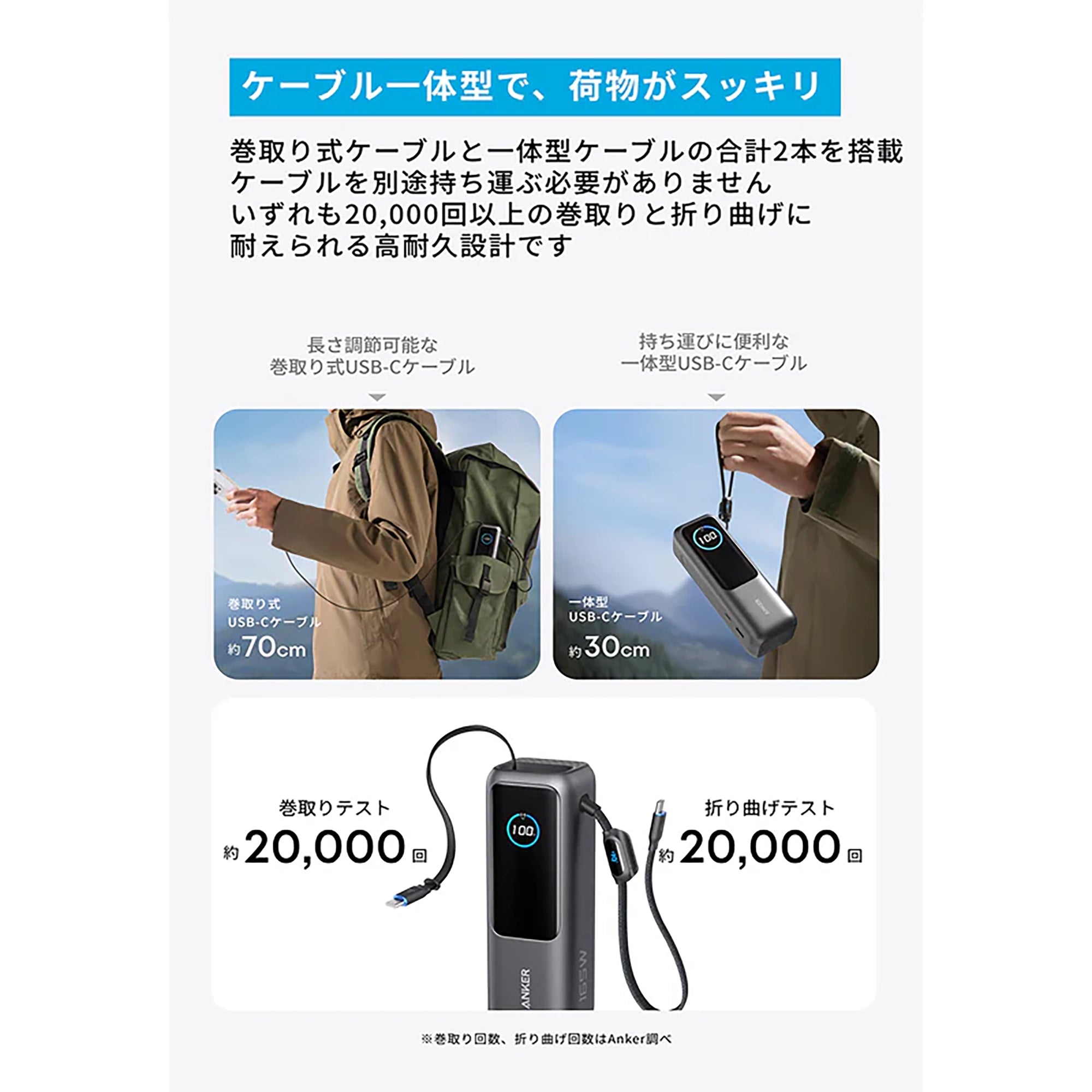 Anker Power Bank (25000mAh, Built-In & 巻取り式USB-Cケーブル Anker Power Bank (25000mAh, Built-In & 巻取り式USB-Cケーブル