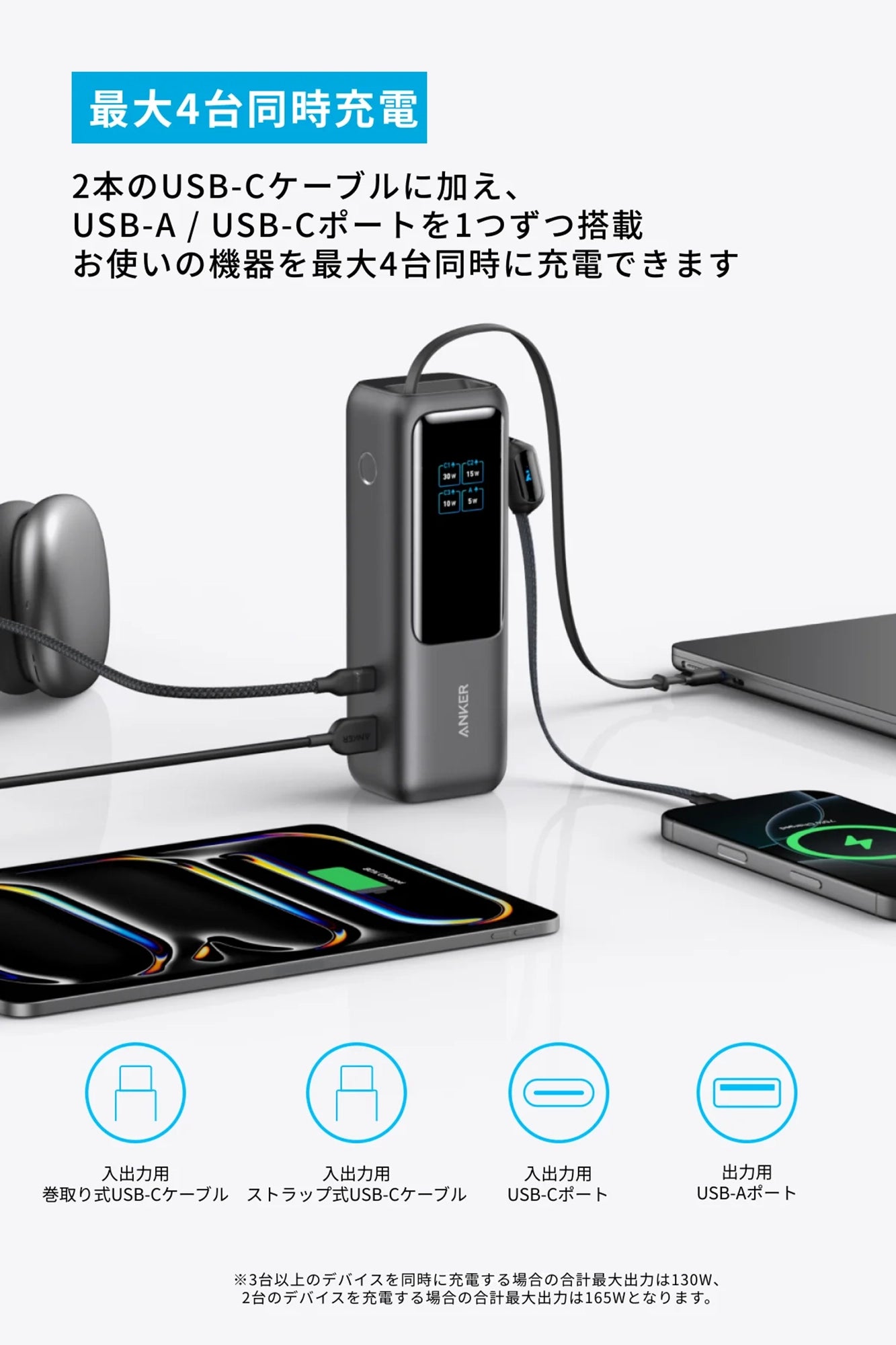 Anker Power Bank (25000mAh, Built-In & 巻取り式USB-Cケーブル Anker Power Bank (25000mAh, Built-In & 巻取り式USB-Cケーブル